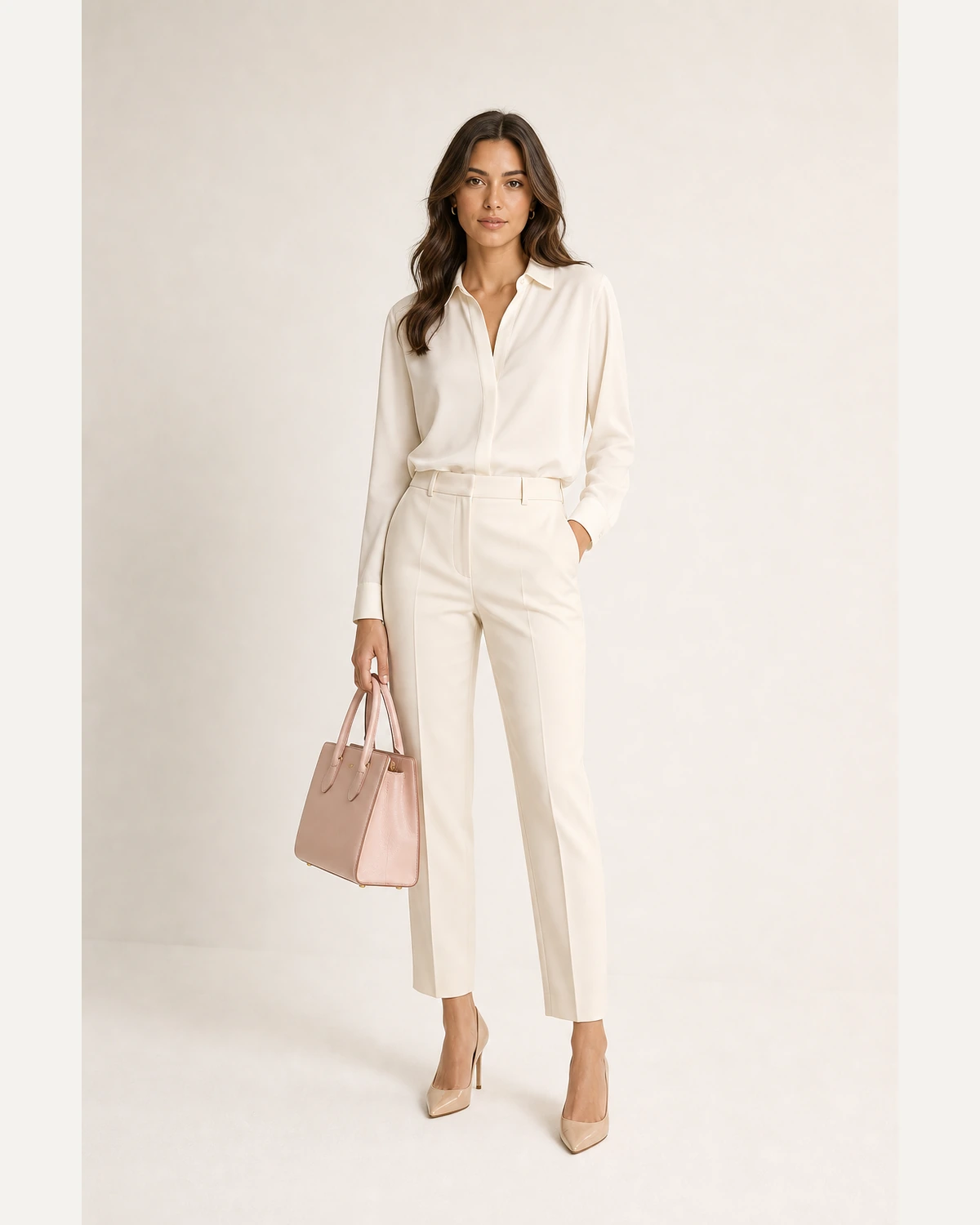 AI model holding the pink handbag